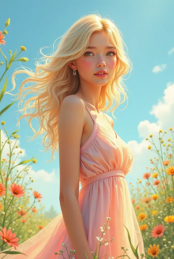 A blonde girl wearing a sun dress
