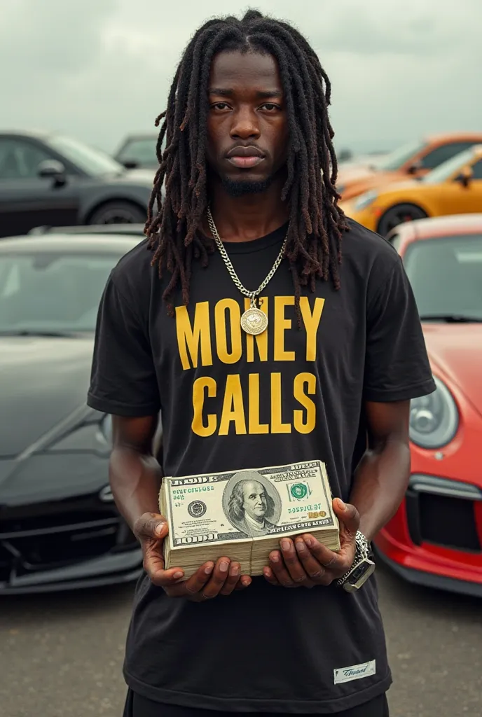 Draw a black light skin dread head Wearing a shirt that says money calls, and holding a brick of US cash standing in front of a Maybach GLS 600 Lamborghini SVJ and Porsche 911 turbo S 