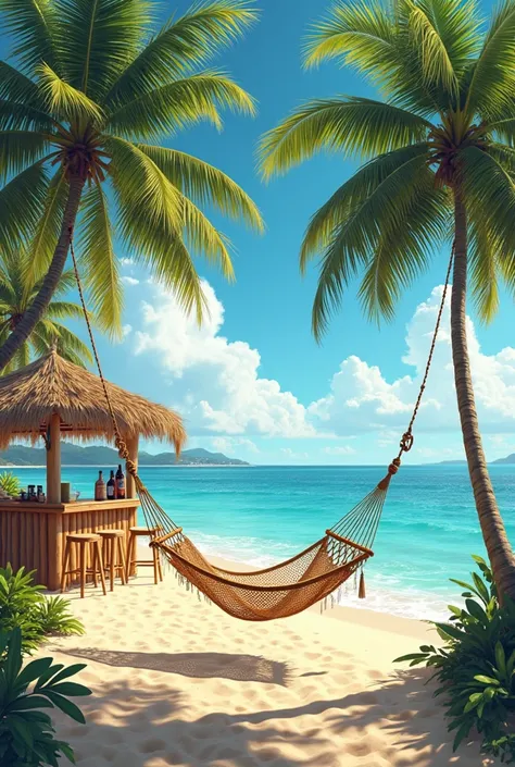 Imagine a beach with palm trees where a hammock is attached to 2 palm trees.. Il y a un bar en bambou 