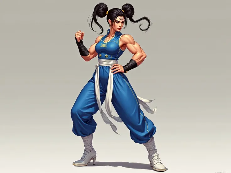 photo réaliste, haute résolution : Chun-Li de Street Fighter, combattante chinoise, dans une tunique bleue ornée de décorations jaunes  ; la tunique est fendue et dévoile des cuisses musclées ; drap blanc noué autour de la taille, bien serrée, taille fine,...