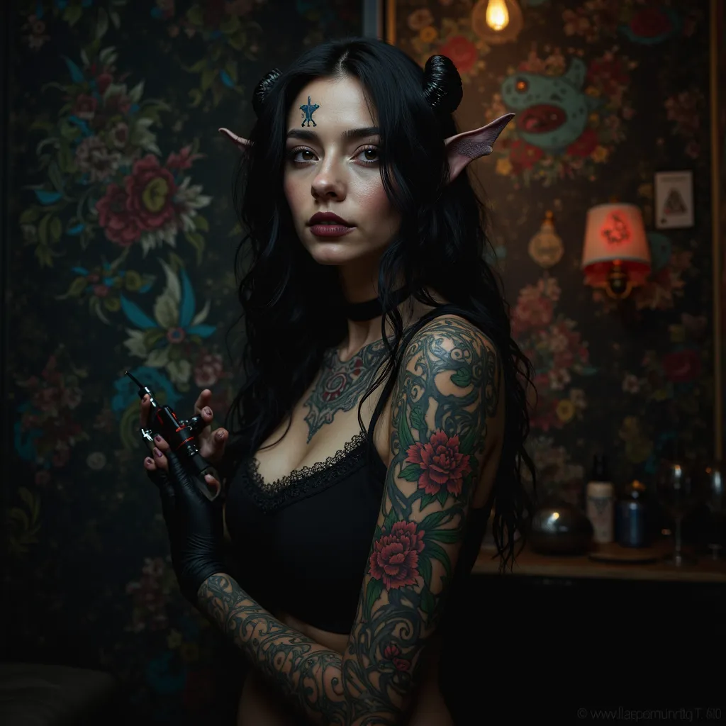 beautiful woman tattoo artist, black hair, horns, tattoos, holding tattoo gun, smirk