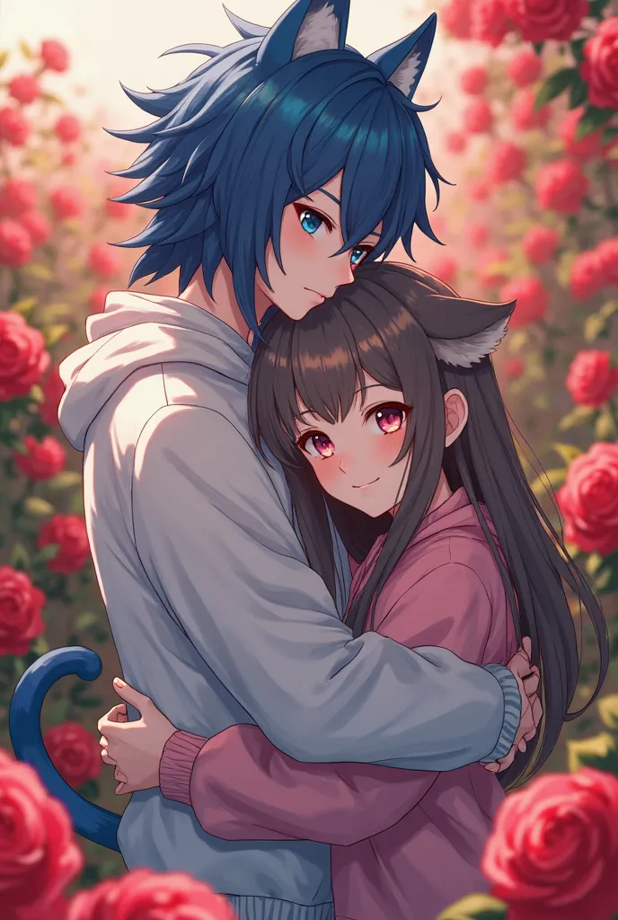 Create a 16-year-old , wearing a sweatshirt, she has long hair, Straight pink, golden eyes and white, delicate skin. She's being hugged by an 18-year-old boy, strong, blue haired, blue eyes blue cat ears and blue cat tail. Both embrace each other in love i...