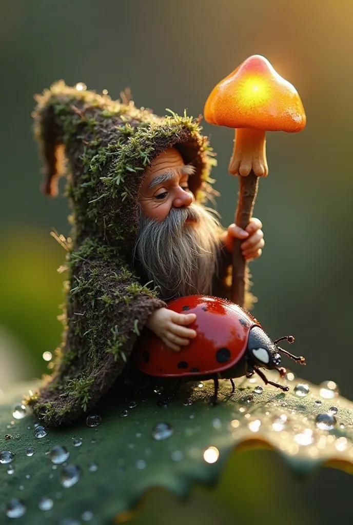 Macro10 photograph of a tiny forest shaman with a cloak of moss and bark, riding a vibrant red ladybug. The shaman holds a staff topped with a glowing mushroom cap, casting a faint light on their wrinkled face. The scene is set on a dew-covered leaf, the m...