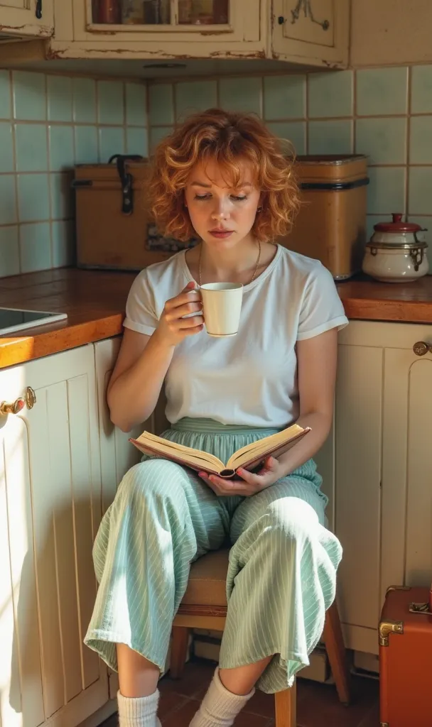 A young woman with curly, auburn hair, sits in a rustic, possibly homemade, kitchen. She wears a white t-shirt and light teal and white striped culottes, white socks, and light-colored sandals. She is holding a book and drinking from a small white coffee c...