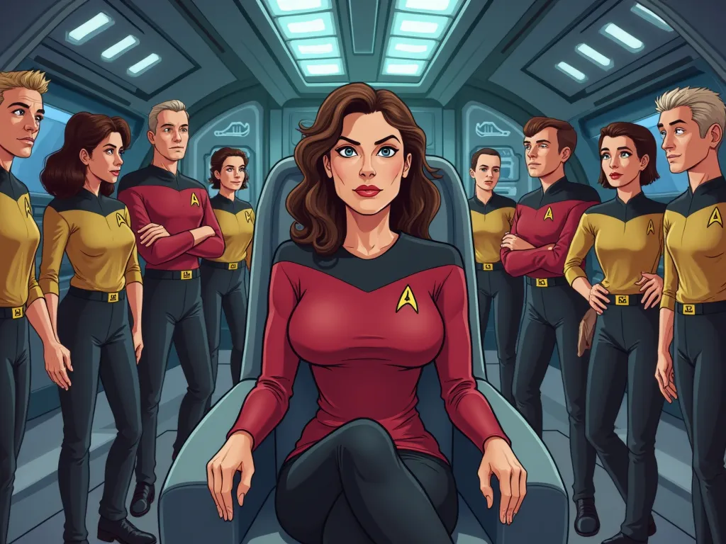 In realistic cartoon style sitting on a captain's chair in the center inside a Star Trek-style spaceship. Patrícia is a woman of approximately 40 years old, with an imposing presence and a strong personality.  She has about 1,65 meters tall, with generous...