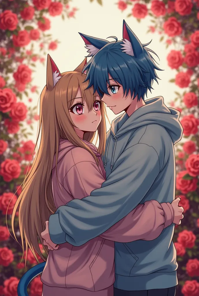 Create a 16-year-old , wearing a sweatshirt, she has long hair, Straight pink, golden eyes and white, delicate skin. She's being hugged by an 18-year-old boy, strong, blue haired, blue eyes blue cat ears and blue cat tail. Both embrace each other in love i...