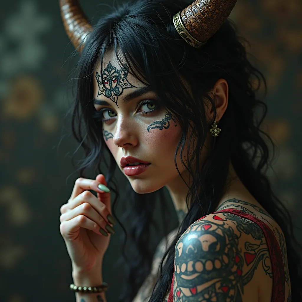 beautiful woman, black hair, horns, tattoos, story teller 