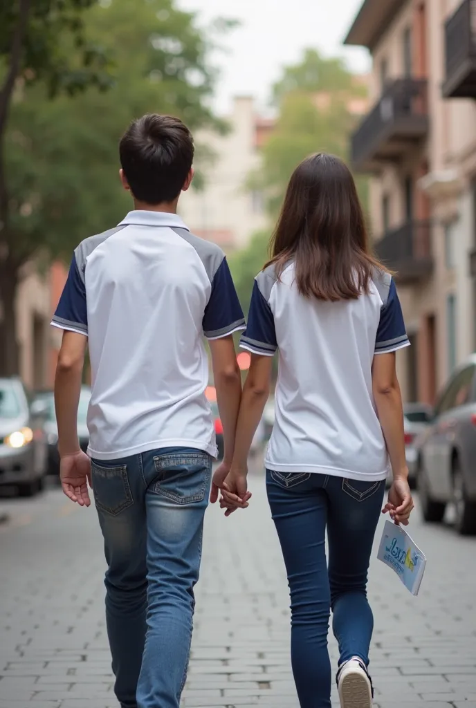 Create me a photograph that looks super realistic, as if they had taken a picture of her in real life showing a girl and a boy about 18 years old on their backs, walking through the streets of Guanajuato,  clutches of the hand , the blouse they should wear...