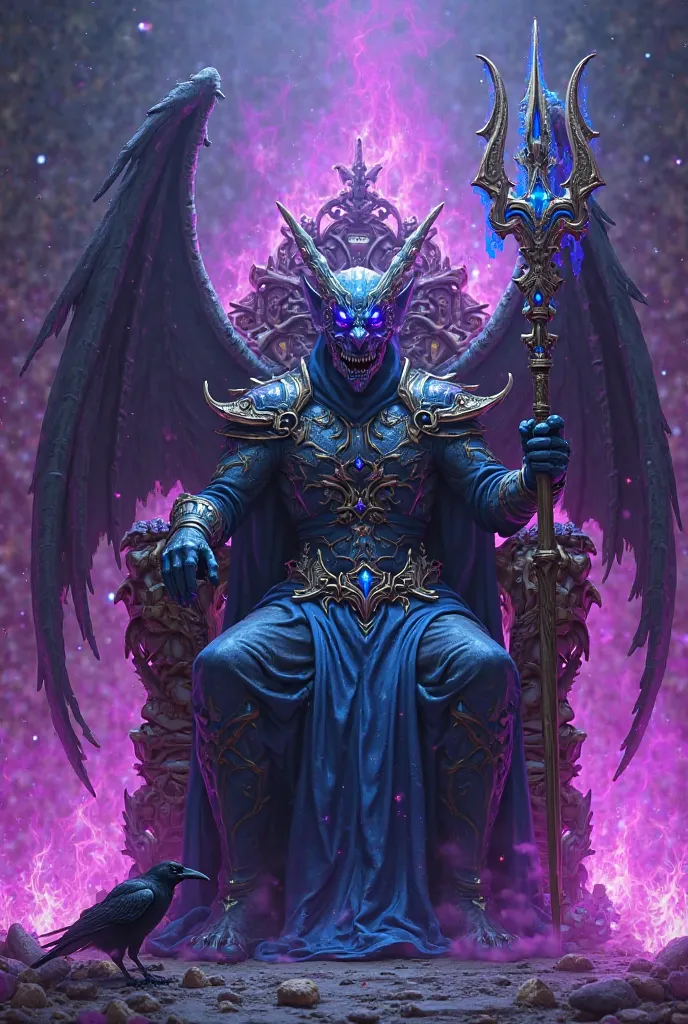 A masked demon sits on a throne made of demon bones, enveloped in purple fire, on him has armor with purple and blue lines The demon has wings in his right hand. He has a trident in the form of the coat of arms of Ukraine, the upper part of the trident is ...