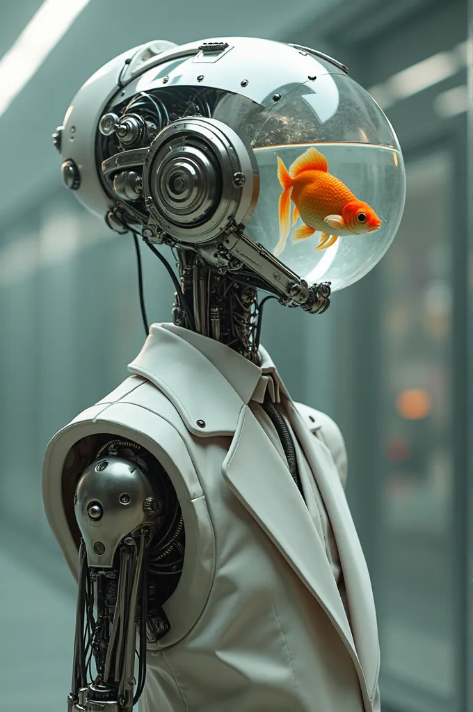 Gentleman cyborg robot with a fish bowl head, with a small goldfish