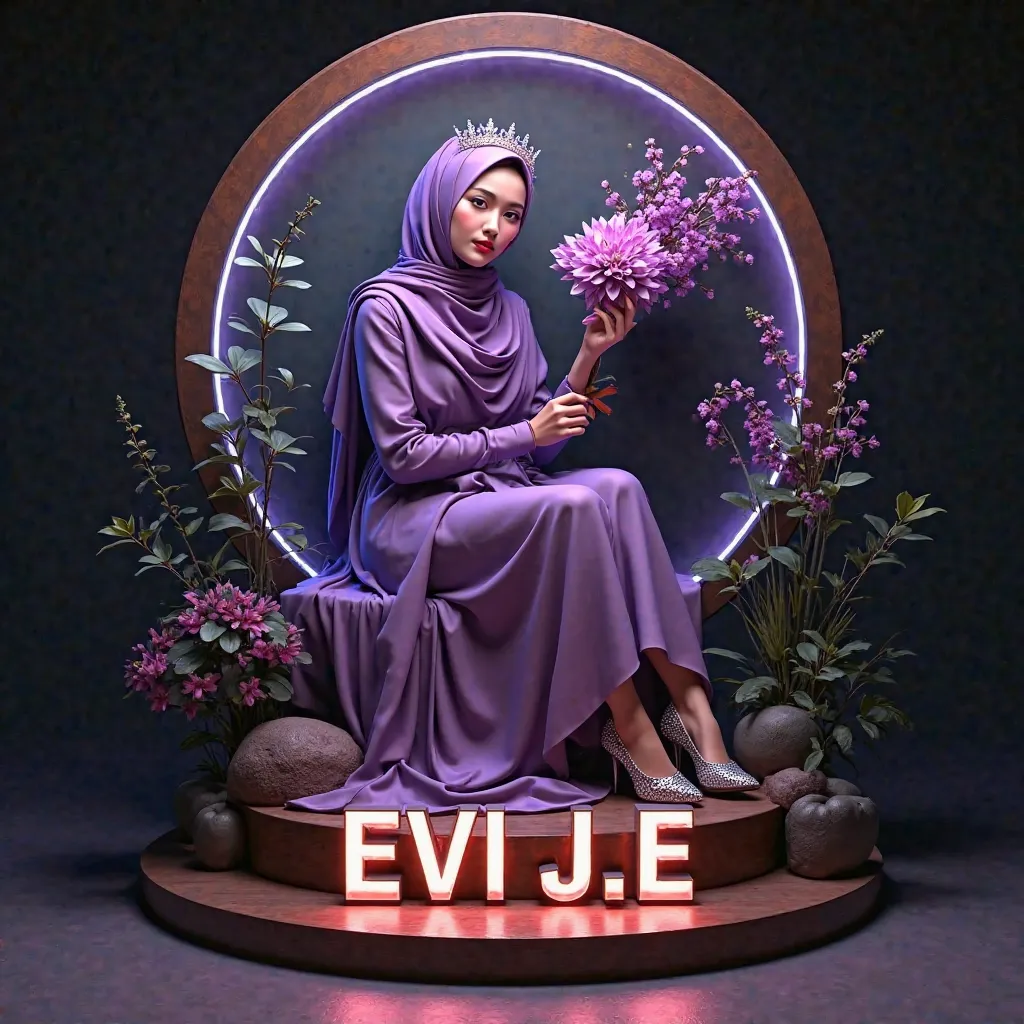 A clear luxurious realistic 3D relief painting of a beautiful young Malay woman, wearing a purple hijab and a long elegant purple dress with glittering shoes and a modern hijab style with a sparkling crystal crown. The woman sits gracefully in a round gard...