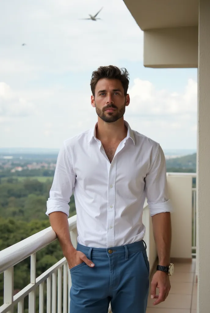 arafed man in a white shirt and blue pants standing on a balcony, wearing a white button up shirt, wearing a white shirt, attractive man, wearing white shirt, handsome and attractive, lean man with light tan skin, handsome male, white shirt and blue jeans,...