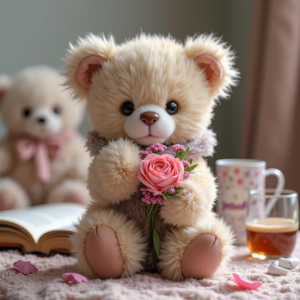 Baby furry “forever friends” Teddy bear, holding a bouquet rose peony poppy pansy flower, winter coat, one hand touched to one eye, look cute, at sweet home, a glass of coffee on table, an earbuds opened book, different teddy bear around, “HAPPY FRIDAY” wo...