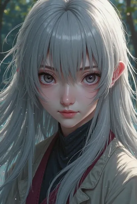 I want you to make a female character from the Naruto universe, with long gray hair with bangs, dark eyes, fair skin