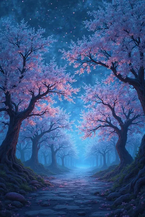 Japanese cherry trees with blue and pink light at night picture for monitor wallpaper
