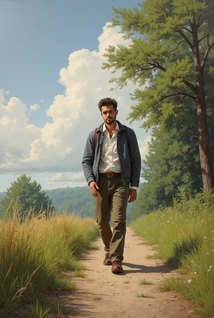 Man walking along a path, detailed face, contemplative pose, thoughtful expression, walking slowly, lush nature, verdant trees, Cloudy Sky ,  soft light, rural landscape, oil on canvas , realistic style, high resolution painting, natural lighting, bright c...