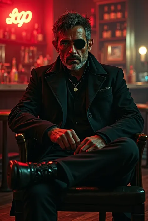 Brown man with green eyes with a patch on his left eye dressed completely in black sitting in a chair in the background of a bar with red neon lights 