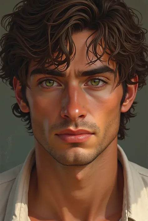 Make a light-tanned man with runny chocolate-colored hair with honey-green eyes 