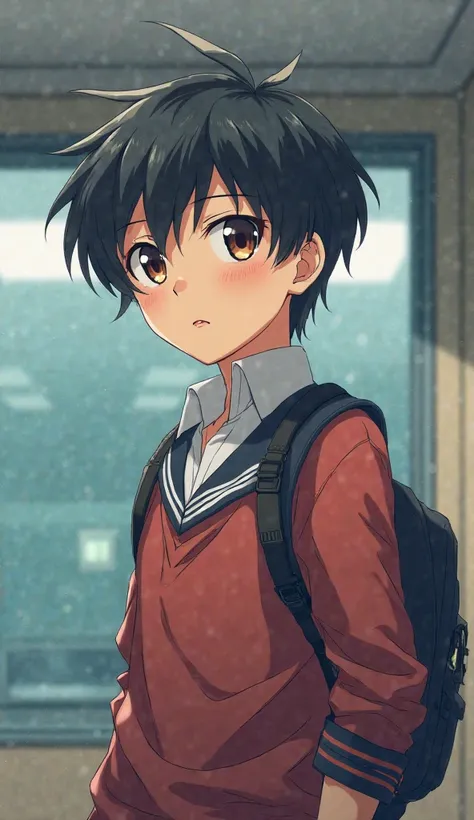 anime style image in computer graphics:  otaku style boy. Short black hair. Brown eyes. Slim body. Japanese male school attire.