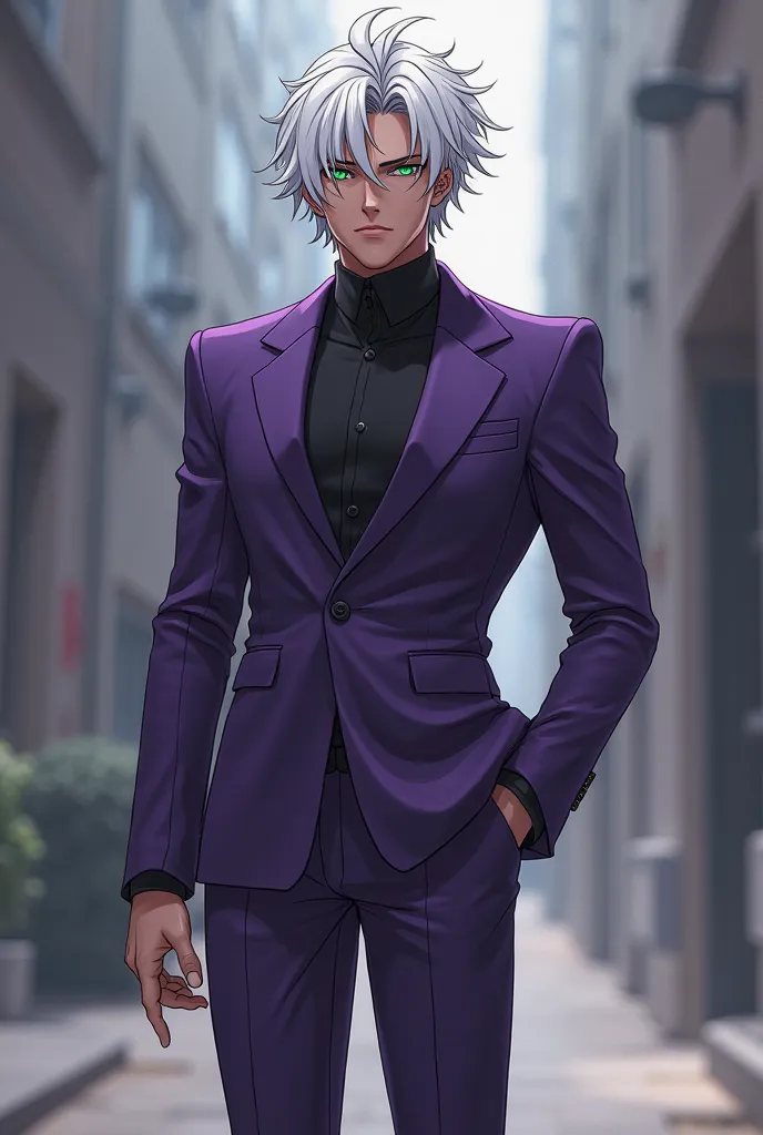 Create a male character in the traits of the anime Solo Leveling, white short shoulder-length hair, green eyes, purple suit,  purple pants,  black shoes. (fullbody)