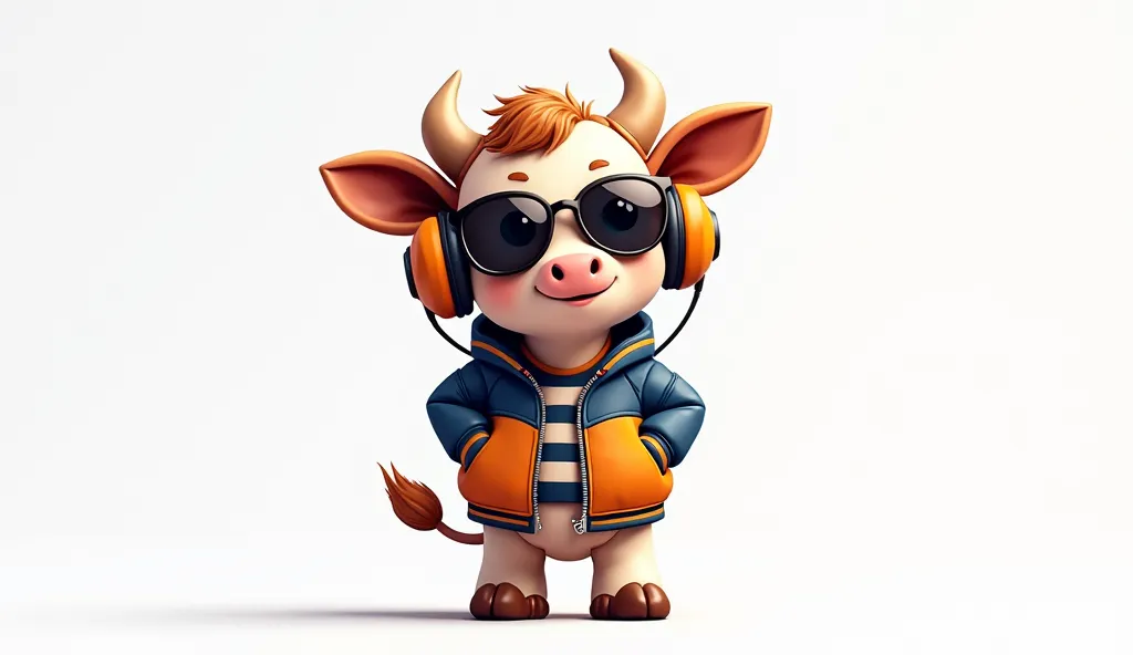 Perfect centering, A cute calf, Wear a student team jacket, Wearing sunglasses, Wearing headphones, cheerfulness, Standing position, Abstract beauty, Centered, Looking at the camera, Facing the camera, nearing perfection, Dynamic, Highly detailed,  smooth,...