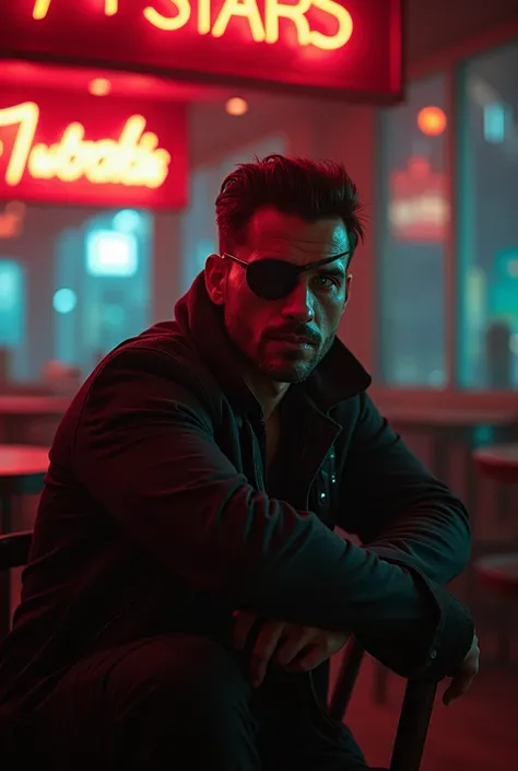 29-year-old brown man with green eyes with a patch on his left eye dressed completely in black sitting in a chair in the background of a bar with neon red lights 