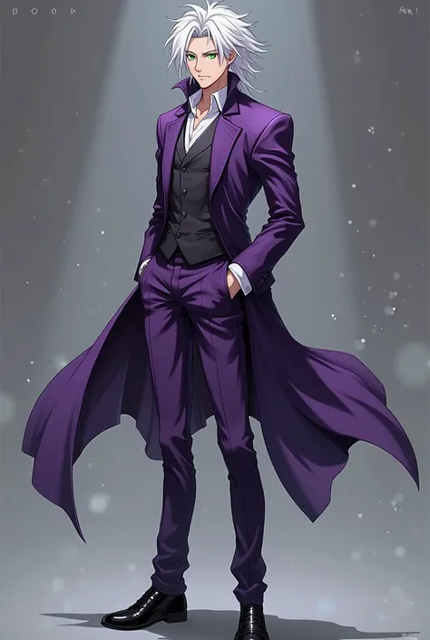 Create a male character in the traits of the anime Solo Leveling, white short shoulder-length hair, green eyes, purple suit,  purple pants,  black shoes. (fullbody)