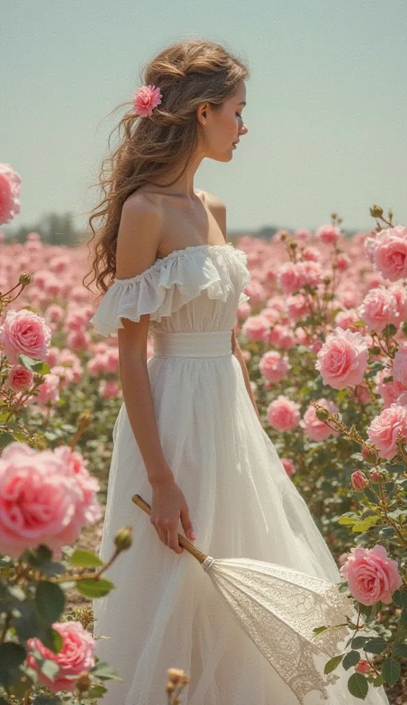  Woman in profile , in a flowing white dress wavy hair with a braid tied behind the back and a flower behind the ear.holding a small white lace umbrella, Walking among a field of pink roses. vivid colors. Realistic.
