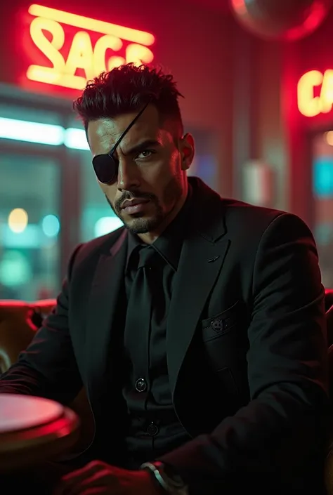 29-year-old brown man with green eyes with a patch on his left eye dressed completely in black sitting in a chair in the background of a bar with neon red lights 