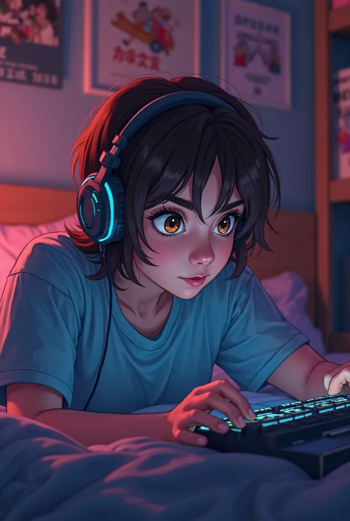 A young brunette,In the bedroom playing gamer with headset,No quarto game 