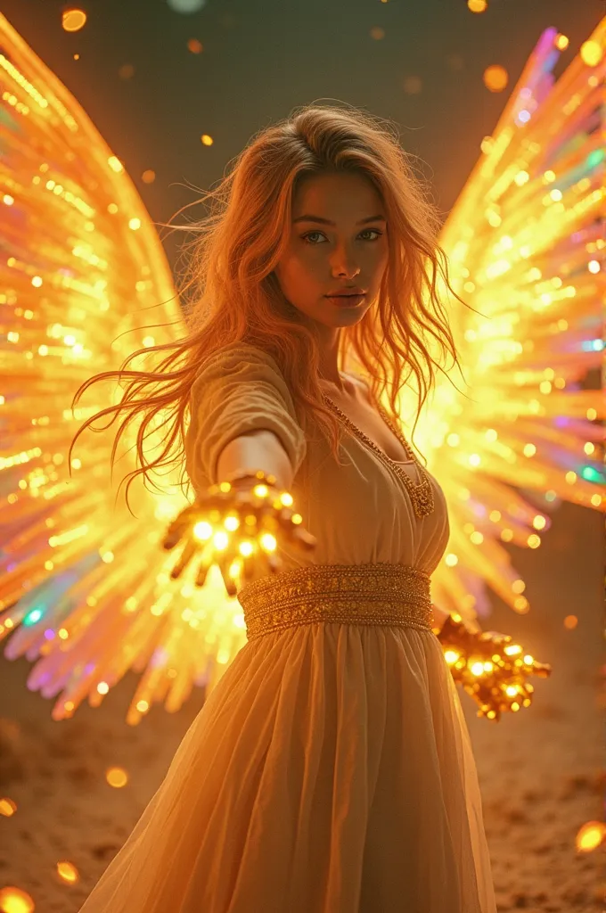 Masterpiece, best quality, good quality, very aesthetic, absurdres, newest, 8k, depth of field, focused subject, 
XenoPulse
stylized, gold and neon color palette, godlike, wabi sabi, 1girl, rainbow angel wings, looking at viewer, dynamic angle, from side, ...