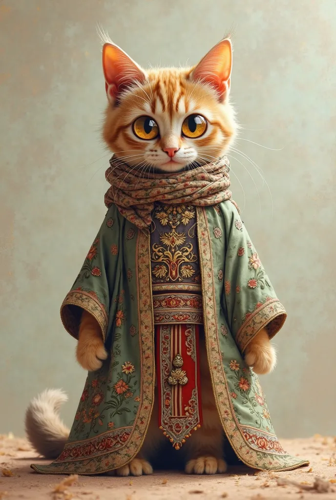 A innocent looking cat wearing islamic dress, his eyes will be coconut in breast shape.