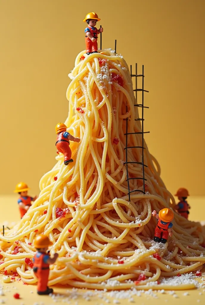 Overall Impression:
The image is a whimsical and creative photograph featuring a large, cascading mound of spaghetti, playfully staged to resemble a construction site. Miniature figures dressed as construction workers are interacting with the spaghetti, en...