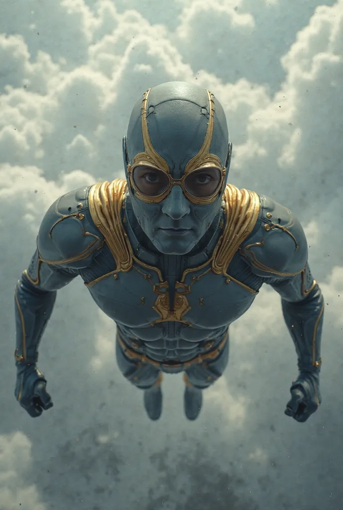 A superhero wearing a gray and gold suit wearing a mask with glasses coming down from the sky