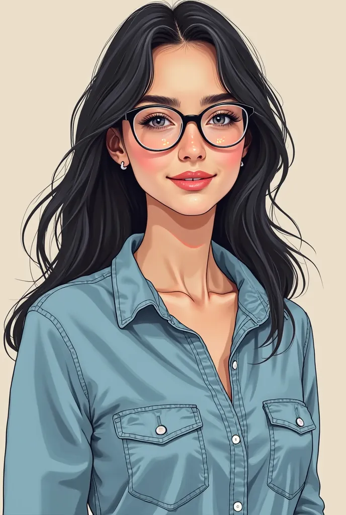  young woman, BY TEZ CLARA, with dark hair and long sides.  It is located in the central part of the image.  Wears a light blue denim shirt, with a casual style . She wears round frame lenses.   Her expression is neutral , friendly and slightly smiling.  H...