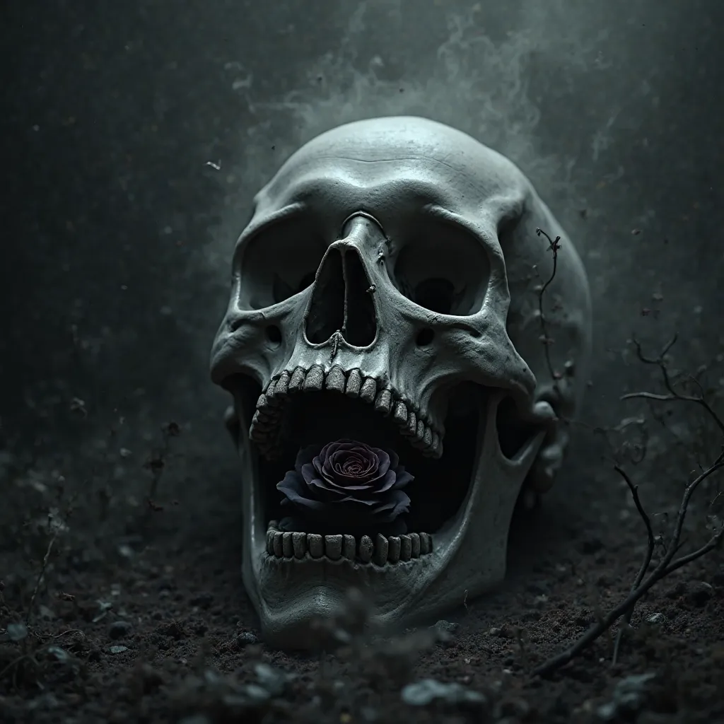 dark scenery, skull, black rose, in the mouth.