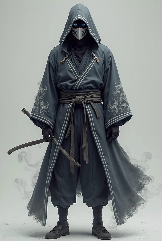 Full-body concept art in the style of the MCU, Kuro Kenshin the ninja of the smoke element, he wears a dark gray, almost black tunic, made of a light and resistant fabric. The costume is fitted to the body to allow agile and silent movements. His hood, als...