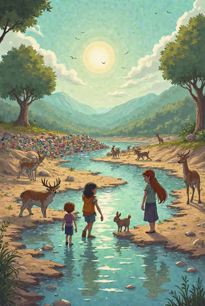 The river is completely dry, with large cracks visible in the riverbed. The water has disappeared, leaving the land barren and dead. The surrounding trees are wilted, with few leaves. Animals such as deer , birds and rabbits look around, sad and thirsty. I...