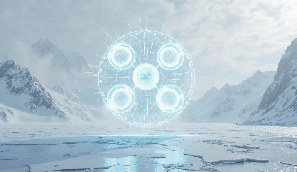 Futuristic floating interface in VR with four circles....on an antarctic plane 