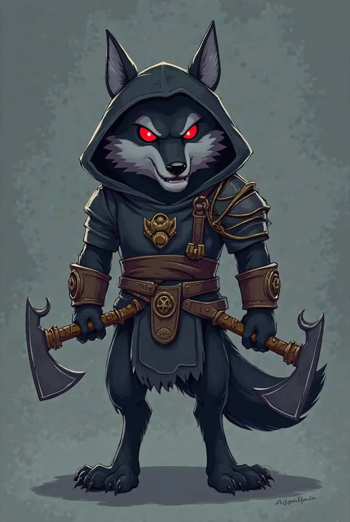 An RPG character in the Adventure Time cartoon universe, a biduped wolf is large and black and gray, hooded, with red eyes and a long muzzle, character holding two small sickles, Wearing wolf armor RPG