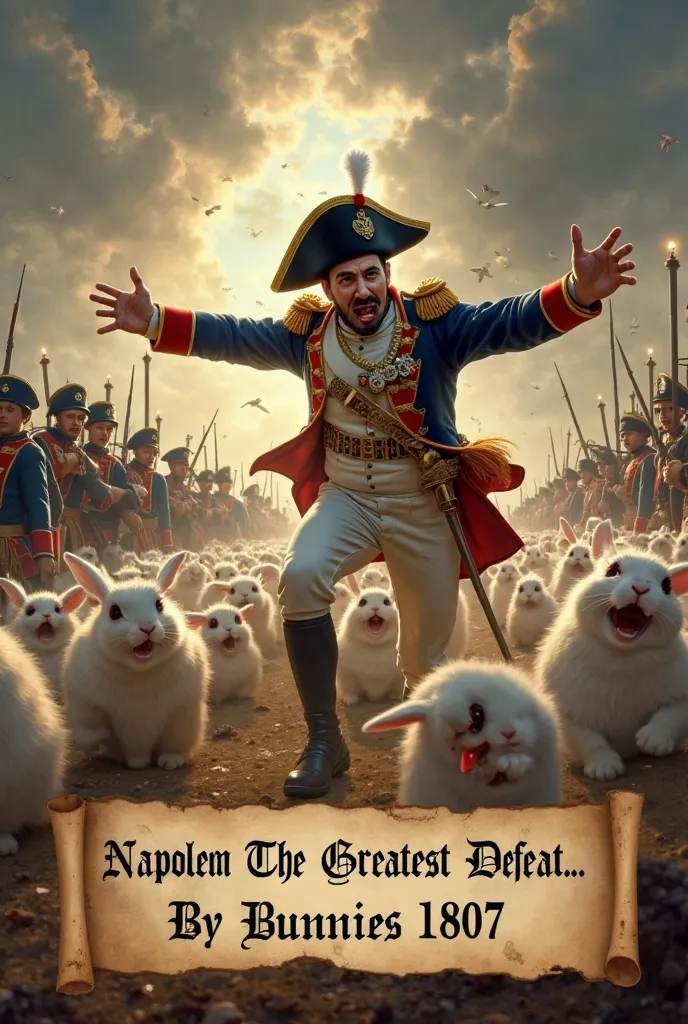 *"Epic historical satire scene: A terrified Napoleon Bonaparte in ornate 19th-century military regalia flees dramatically across a war-torn European countryside battlefield. His arms flail wildly, tripping over his own saber, bicorne hat flying off, face c...