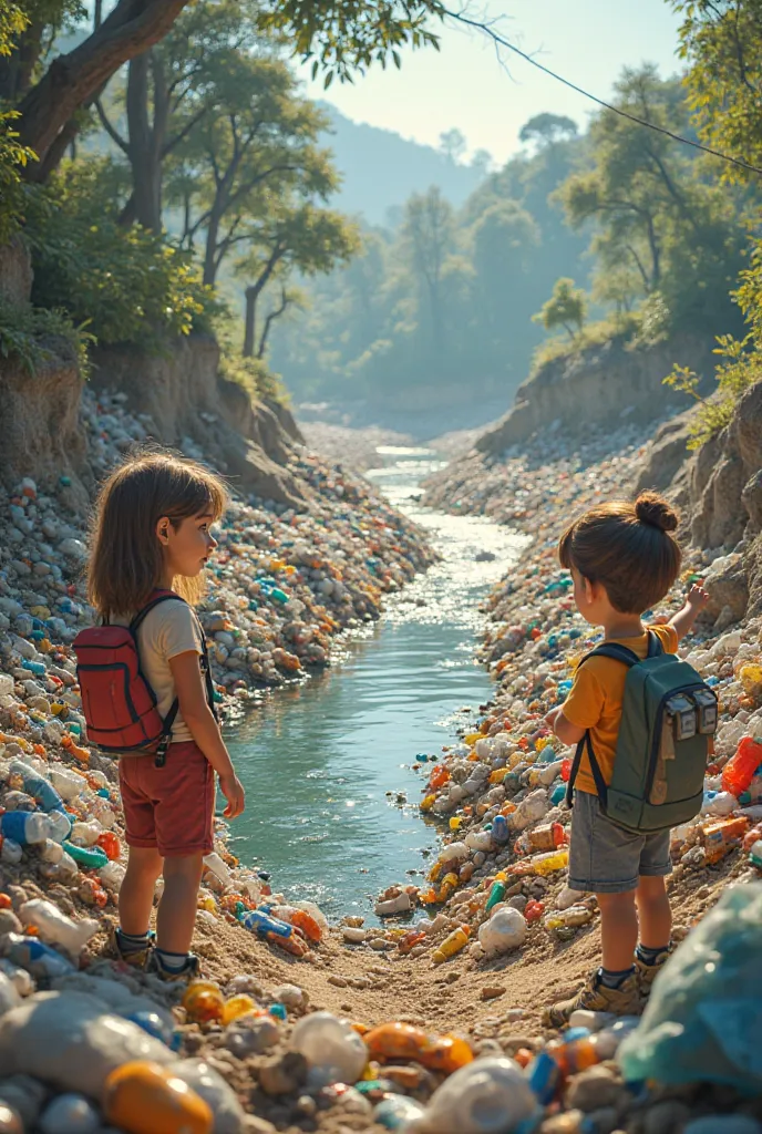 At the bottom of the dry river, there is a huge garbage barrier, composed of colored plastics, bottles and other materials. The water is completely blocked by this pile of garbage, that seems to have accumulated over time. The Little Keepers are looking at...