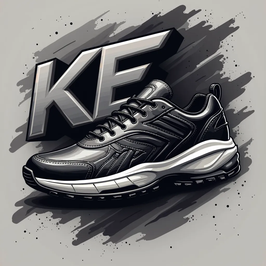 A modern and stylish logo design for a footwear brand. The design features a sleek black leather sports shoe with a black and white sole, giving it a premium and professional look. The centerpiece of the design is the metallic 3D "KE" logo, seamlessly inte...