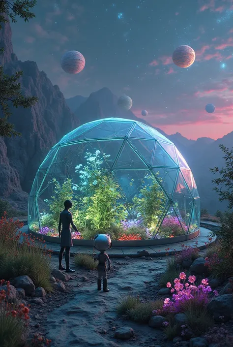 Composition: A transparent geodesic dome on an alien planet, housing a botanical garden with bioluminescent plants and aliens. A gardening robot delicately cares for the plants.
Characters: The gardening robot, with an elegant and functional design. A curi...