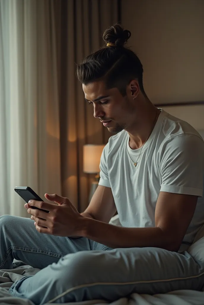 Cristiano Ronaldo sitting on his bed looking at his cell phone 