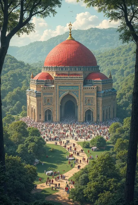 A mosque on a large hill. There are many trees in the mosque. Many people are praying in the mosque. The color of the mosque is red.