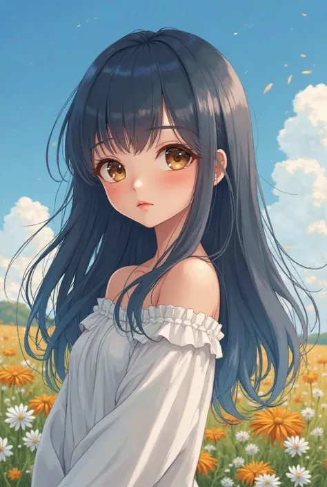 girl from 1.59cm,  long blue-black hair , brown eyes, light brown skin,  a little chubby, detailed face, serene expression,  relaxed posture, standing in a field with flowers, blue sky and white clouds, Luz natural suave, oil painting effect, ultra-detaile...