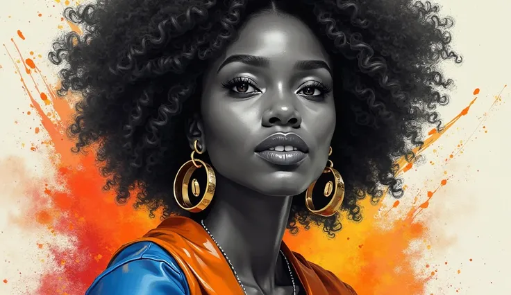 A detailed digital portrait of a confident woman with dark skin and voluminous afro hair, drawn in a semi-realistic art style. Her face is in grayscale, with soft highlights and shadows that accentuate her expressive eyes and full lips. She wears large cir...