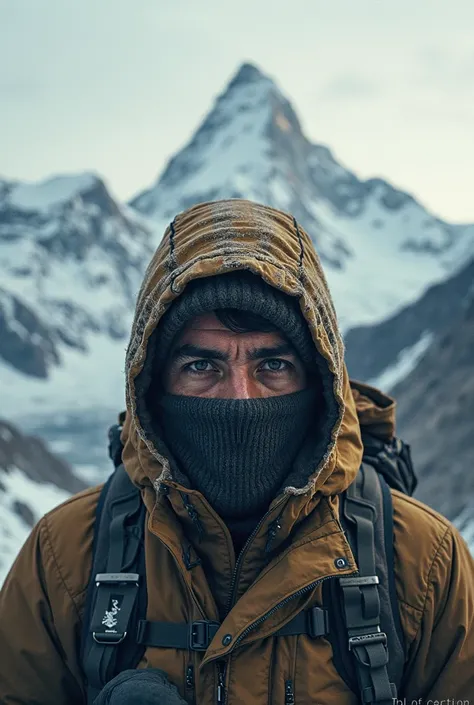 A song cover, not just any image., Make it possible to see Everest in the background and then see a person wearing a balaclava looking in front