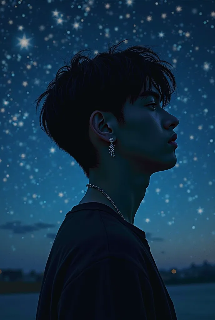 (MASTERPIECE,  high quality, High Resolution,  realistic photo,  photo shoot)　 young man　Short Hair　 black hair　earrings　profile　 night view　starry sky